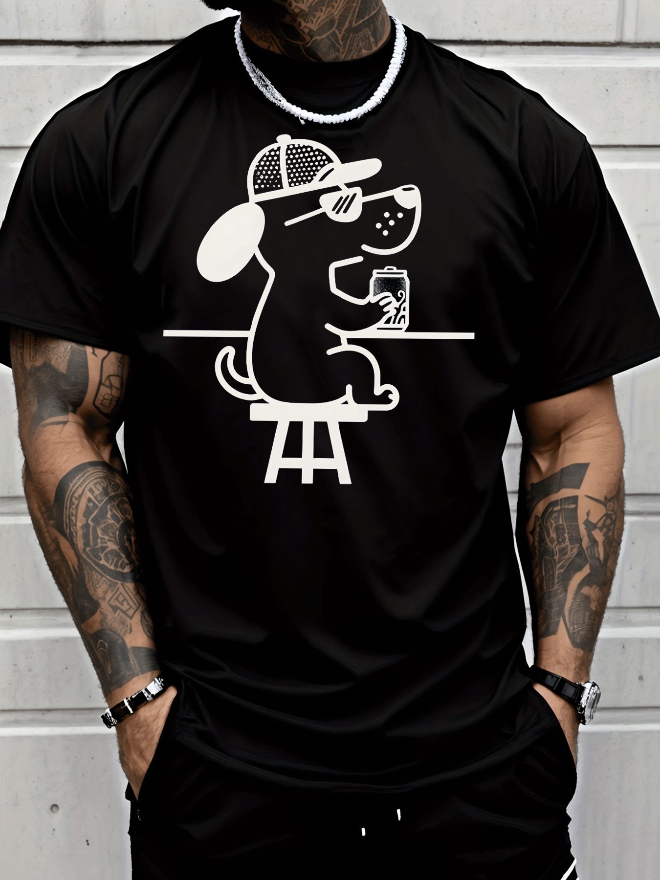 Home Bar Stools - Men Black Crew Neck Tee White